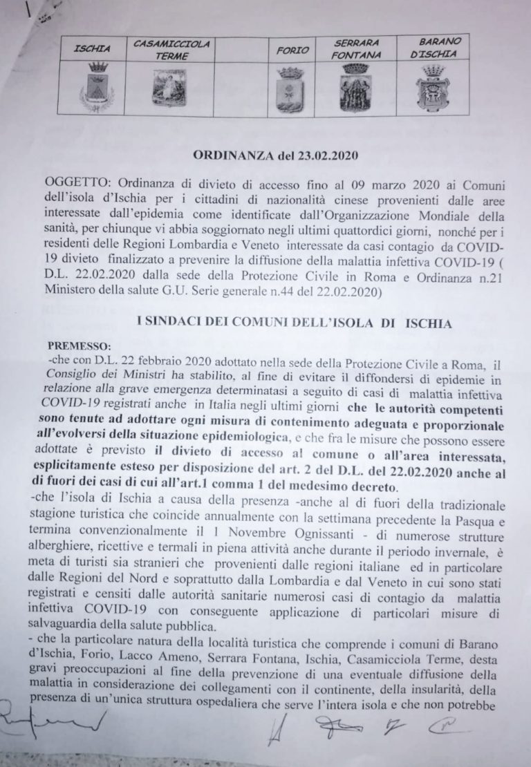 ULTIM’ORA CORONAVIRUS, I SINDACI ISOLANI CHIUDONO I PORTI PER CHI PROVIENE DA VENETO E LOMBARDIA, ECCO L’ORDINANZA