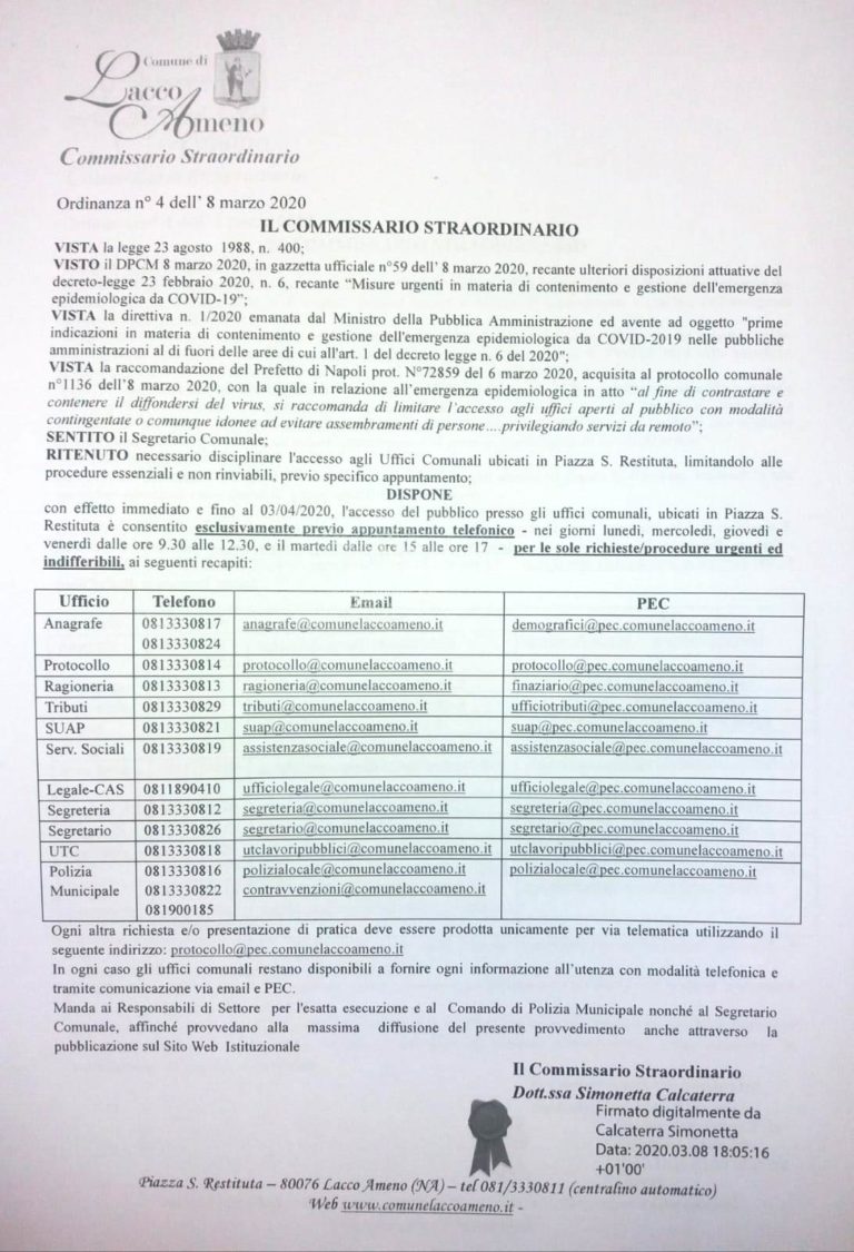 LACCO AMENO, DA DOMANI L’ACCESSO AGLI UFFICI COMUNALI SARA’ CONSENTITO SOLO PREVIO APPUNTAMENTO TELEFONICO, ECCO L’ORDINANZA DEL COMMISSARIO STRAORDINARIO CALCATERRA