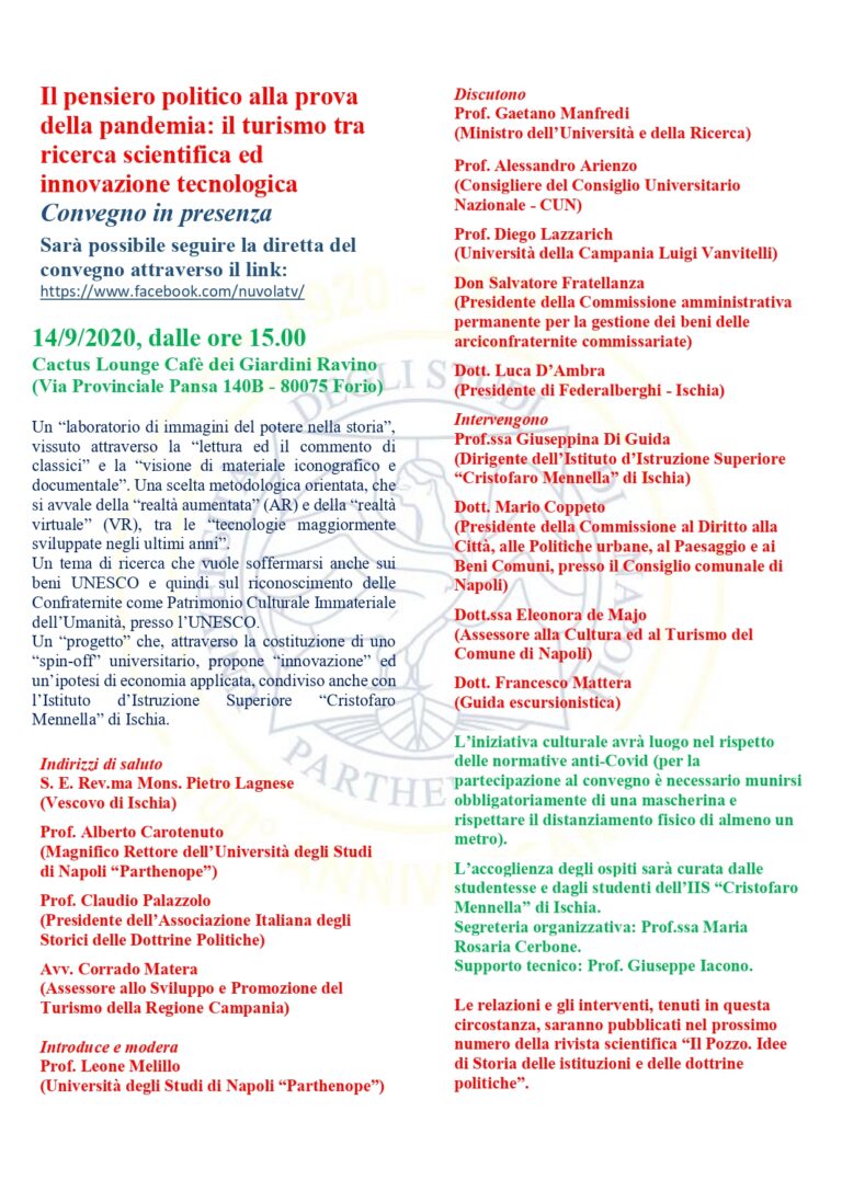 IL CONVEGNO – “IL PENSIERO POLITICO ALLA PROVA DELLA PANDEMIA: IL TURISMO TRA RICERCA E INNOVAZIONE TECNOLOGICA”