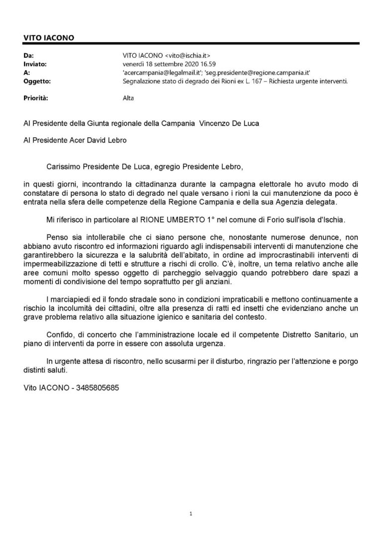 DEGRADO A RIONE UMBERTO I, ARRIVA LA SEGNALAZIONE DA VITO IACONO