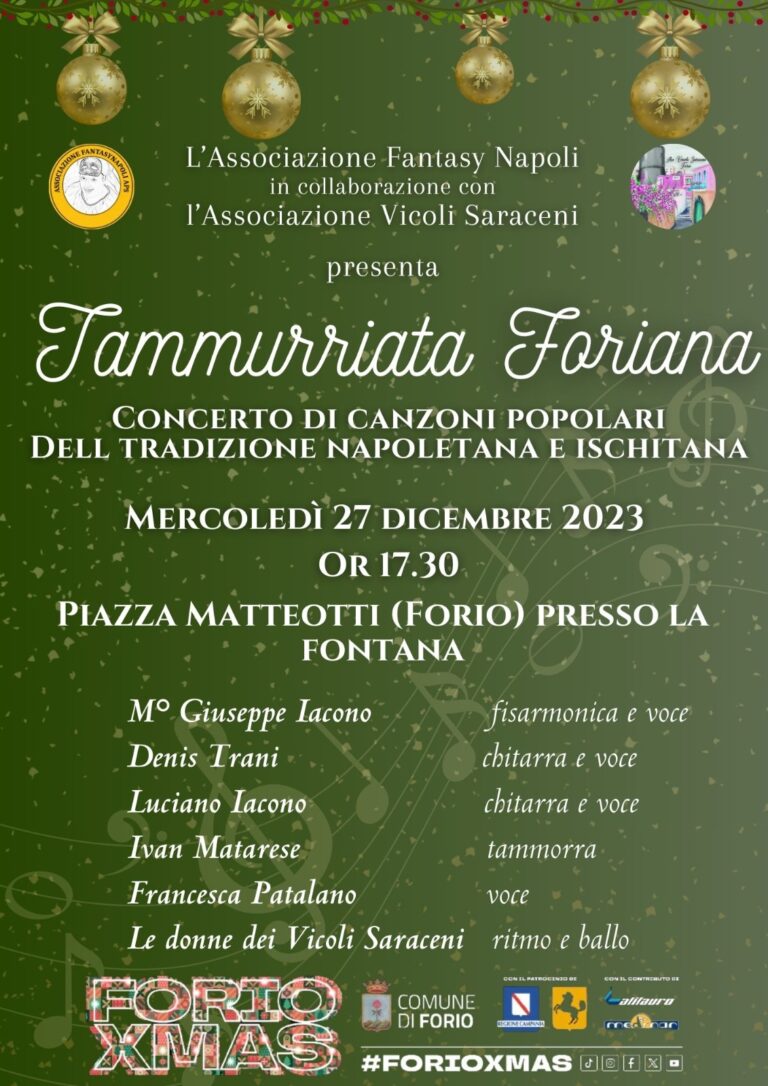 TAMMURRIATA FORIANA: DOMANI IL CONCERTO DI CANZONI POPOLARI IN PIAZZA MATTEOTTI