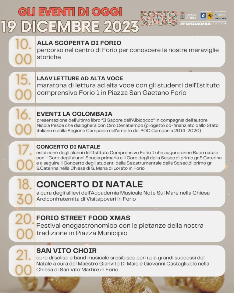 FORIOXMAS: IL PROGRAMMA DI OGGI MARTEDÌ 19 DICEMBRE