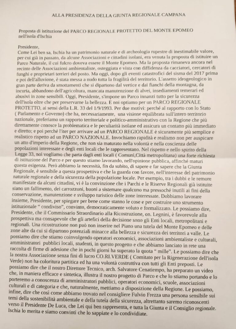 PARCO REGIONALE PROTETTO DEL MONTE EPOMEO: ARRIVA LA LETTERA DEL CORIVERDE IN REGIONE CAMPANIA